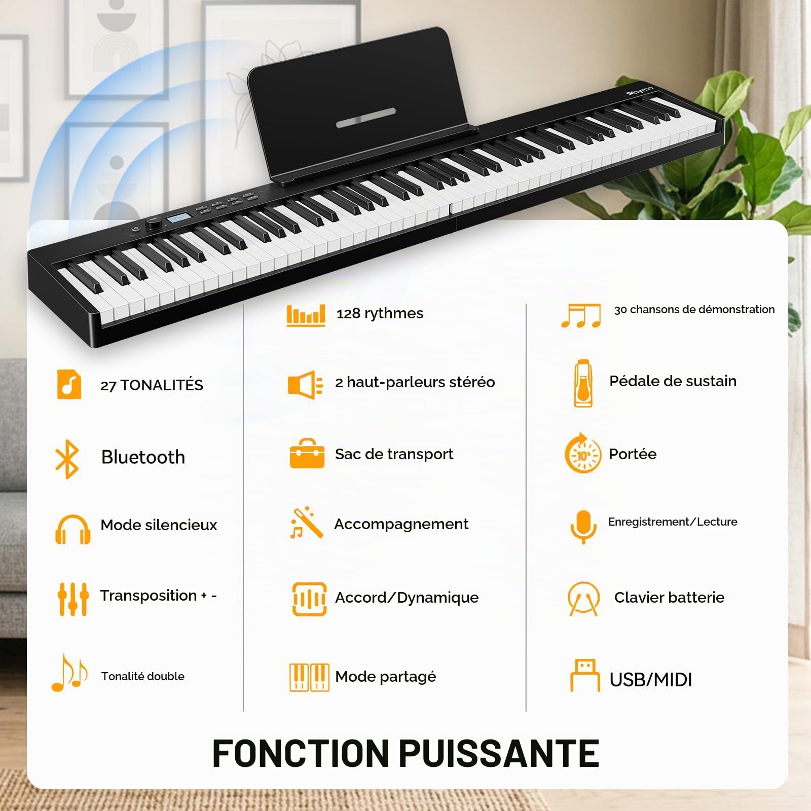 Rhymo Piano Pliant 88 Touches Finition Aspect Bois avec Pédale Sustain