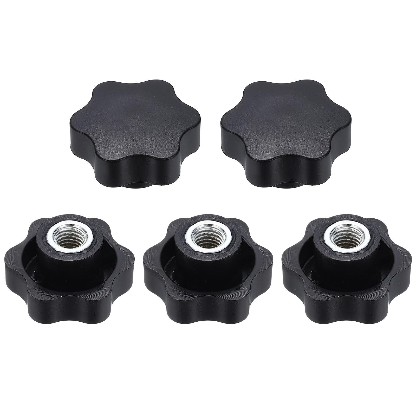 sourcing map 5pcs Star Clamping Nuts M12 Female Thread 48mm 6-Point Plastic Head Iron Insert Non-Through Hole Screw-in Threaded Knob Hand Tightening Clamping Handles, Black