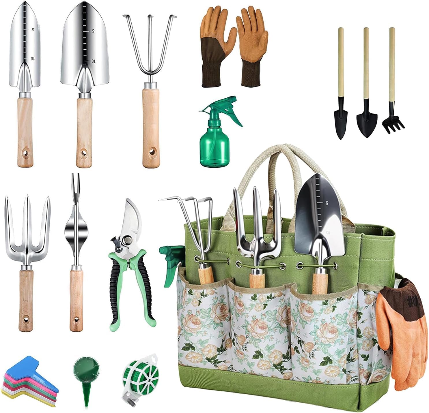 Juego de herramientas de jardín, 12 piezas, kit de jardinería resistente, herramientas de acero inoxidable con organizador floral, bolso de mano, suculentas, suministros de césped para amantes de la