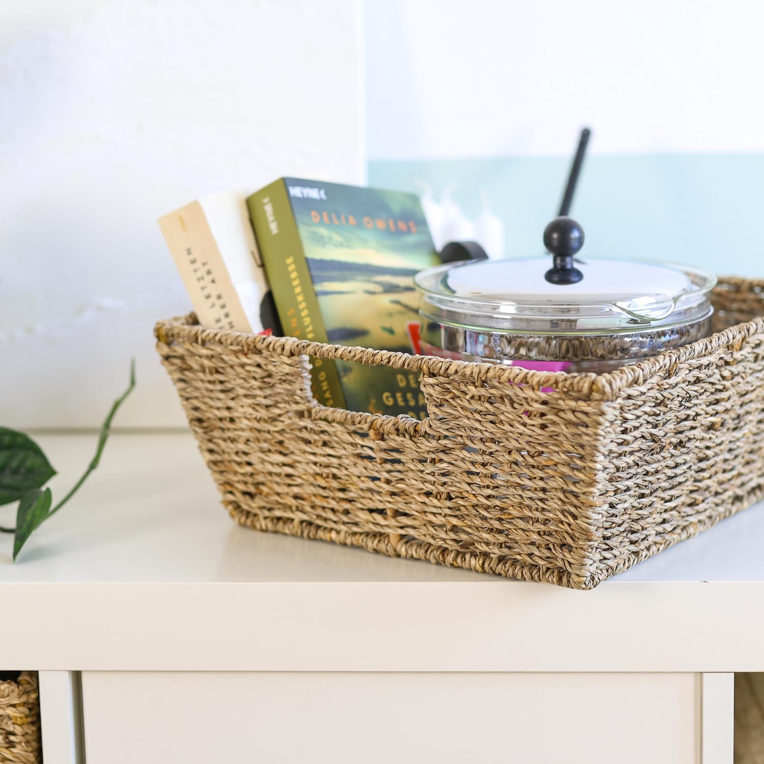 HMF Cesta de regalo vacía, cesta de almacenamiento trenzada de algas marinas, rectangular, 30 x 30 x 12 cm