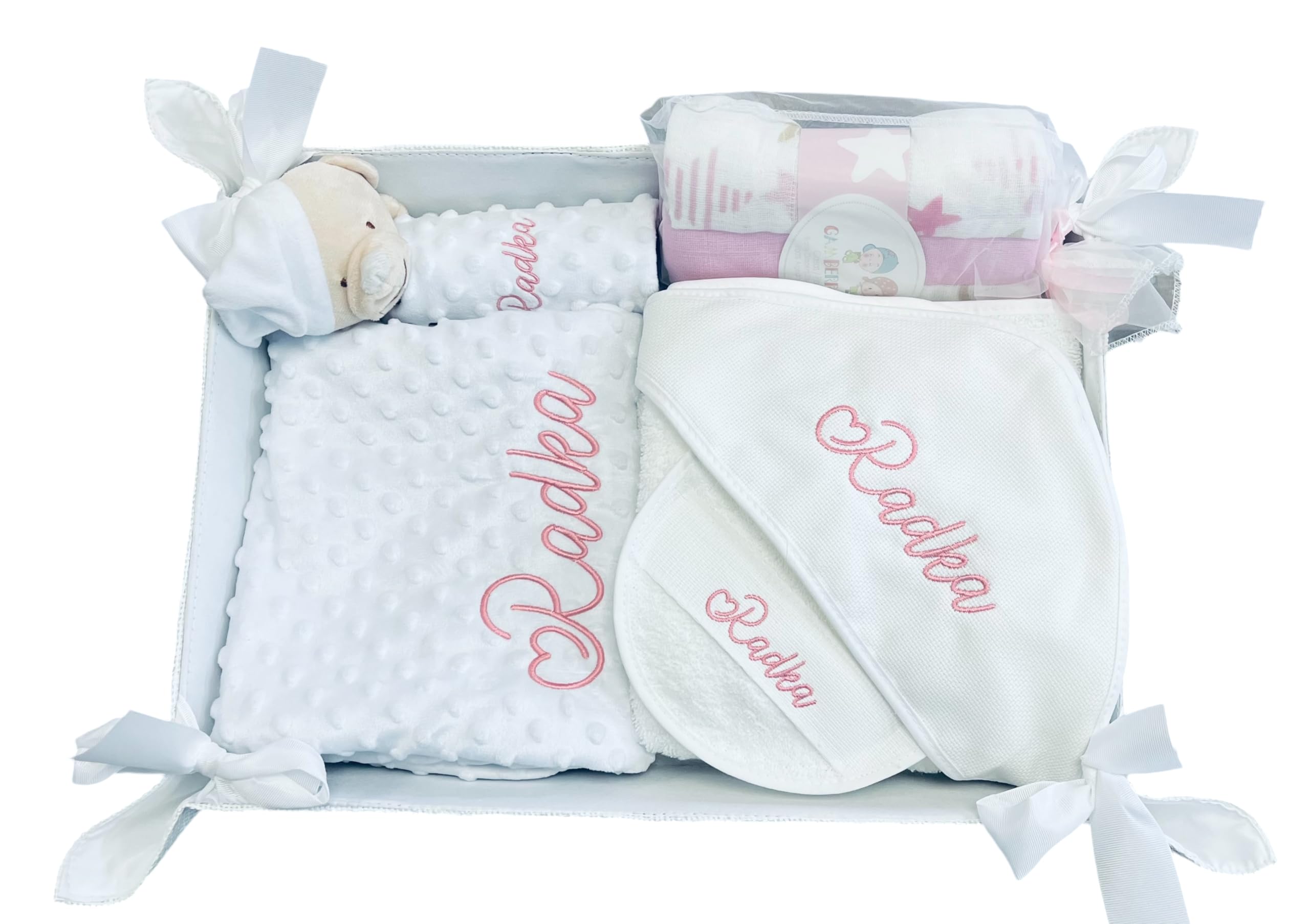 Danielstore Canastilla Bebé Personalizada Cesta Regalo Incluye Manta + Dou Dou + Pack Gasas + Toalla Baño Bebé + Babero Personalizado Regalo para Recién Nacidos(blanco)