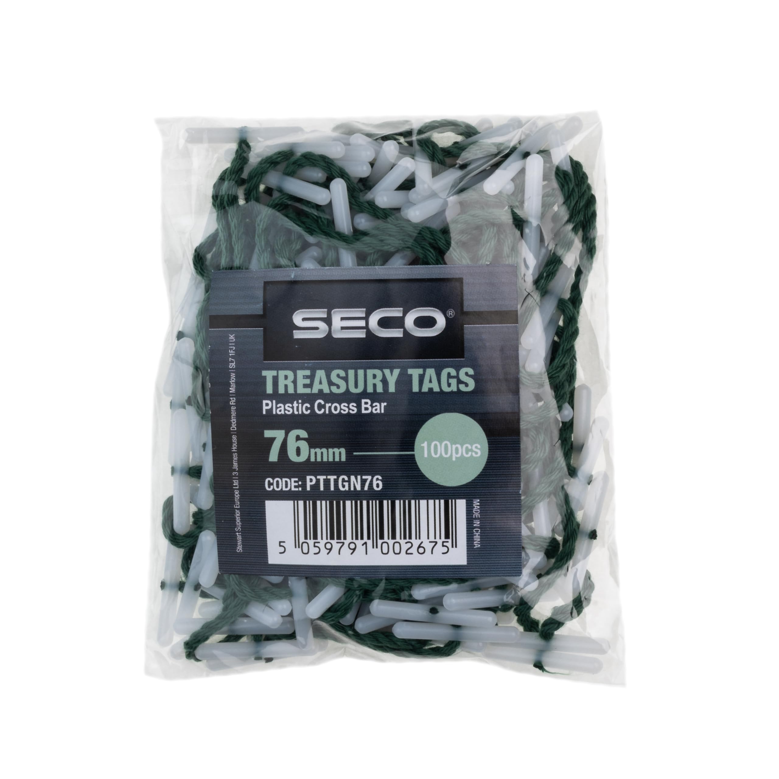 Seco Plastic Cross Bar Treasury Tags, 76mm, Pack of 100 - Green