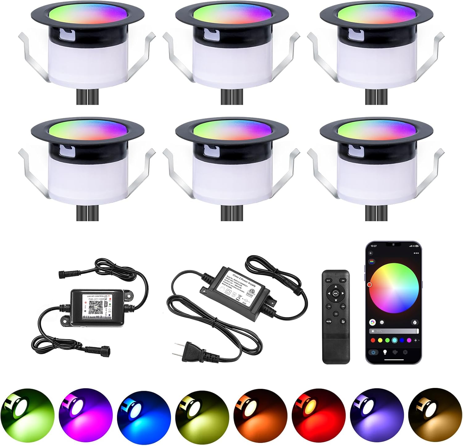Deck Light RGBW 6 Pack, Φ1.77 Inches RGB/Warm White Light WiFi Control, LED Deck Lights Kit Low Voltage DC12V, IP67 Waterproof Deck Lights for Stairs with Remote Control