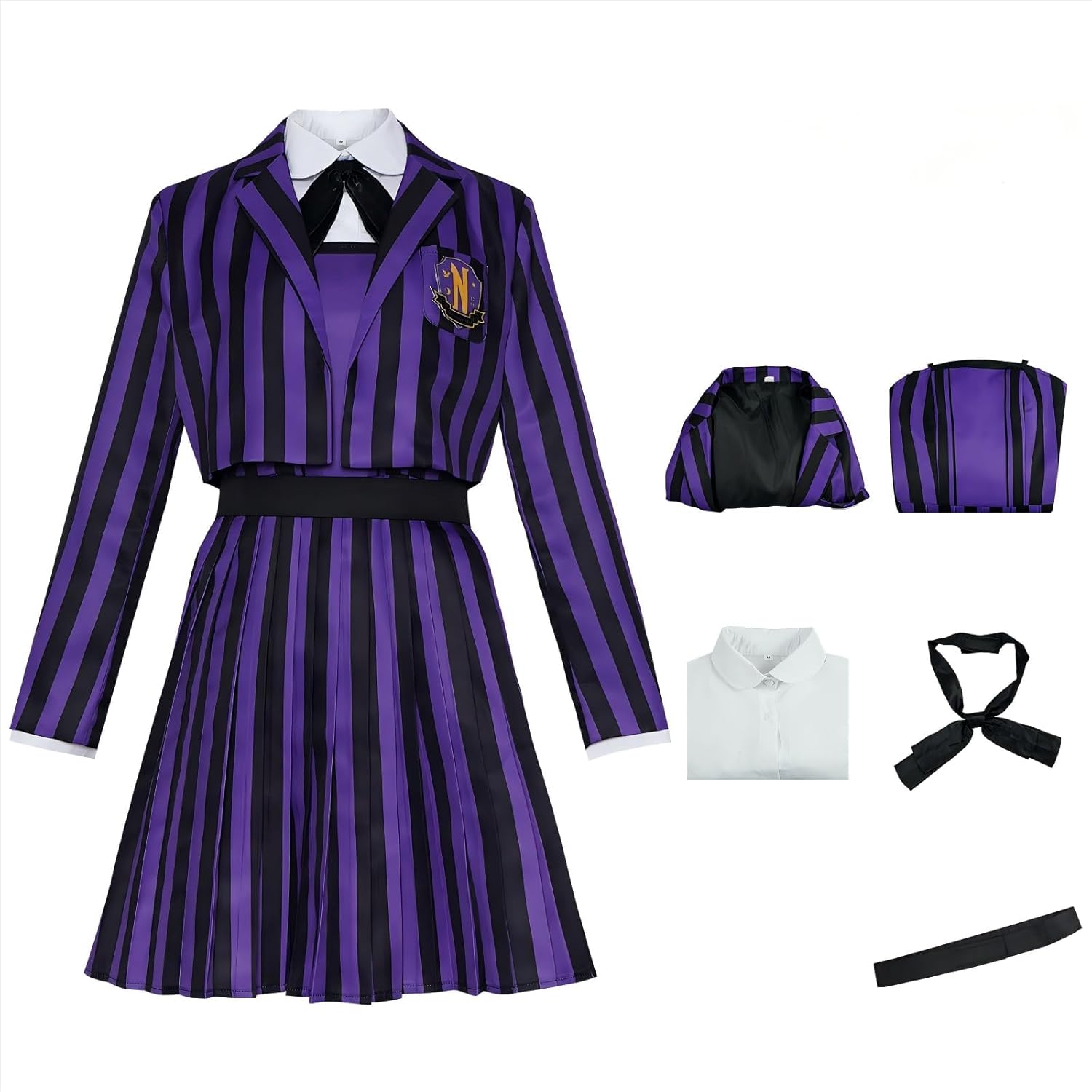 Animatrix Halloween Cosplay Costume Set for Women-Purple Gothic Dress with Blazer,Shirt,Bow Tie,Belt-5 Pcs Set