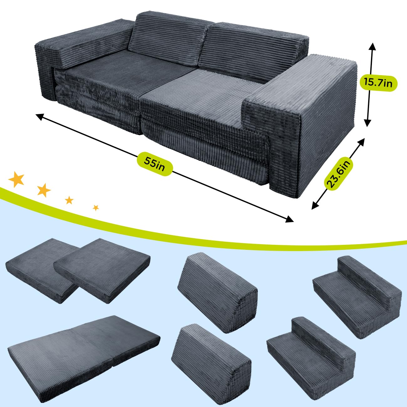 7PCS Kids Play Couch, Premium Modular Kids Play Couch for Toddler