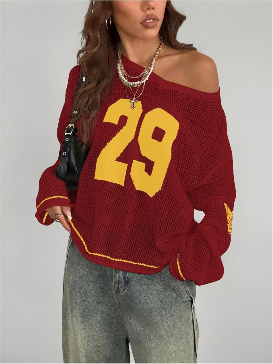 Women's Y2k Tops Graphic Oversized Crochet Jersey Shirt V Neck Long Sleeve Knit Pullover Sweater Going Out Top - Image 4