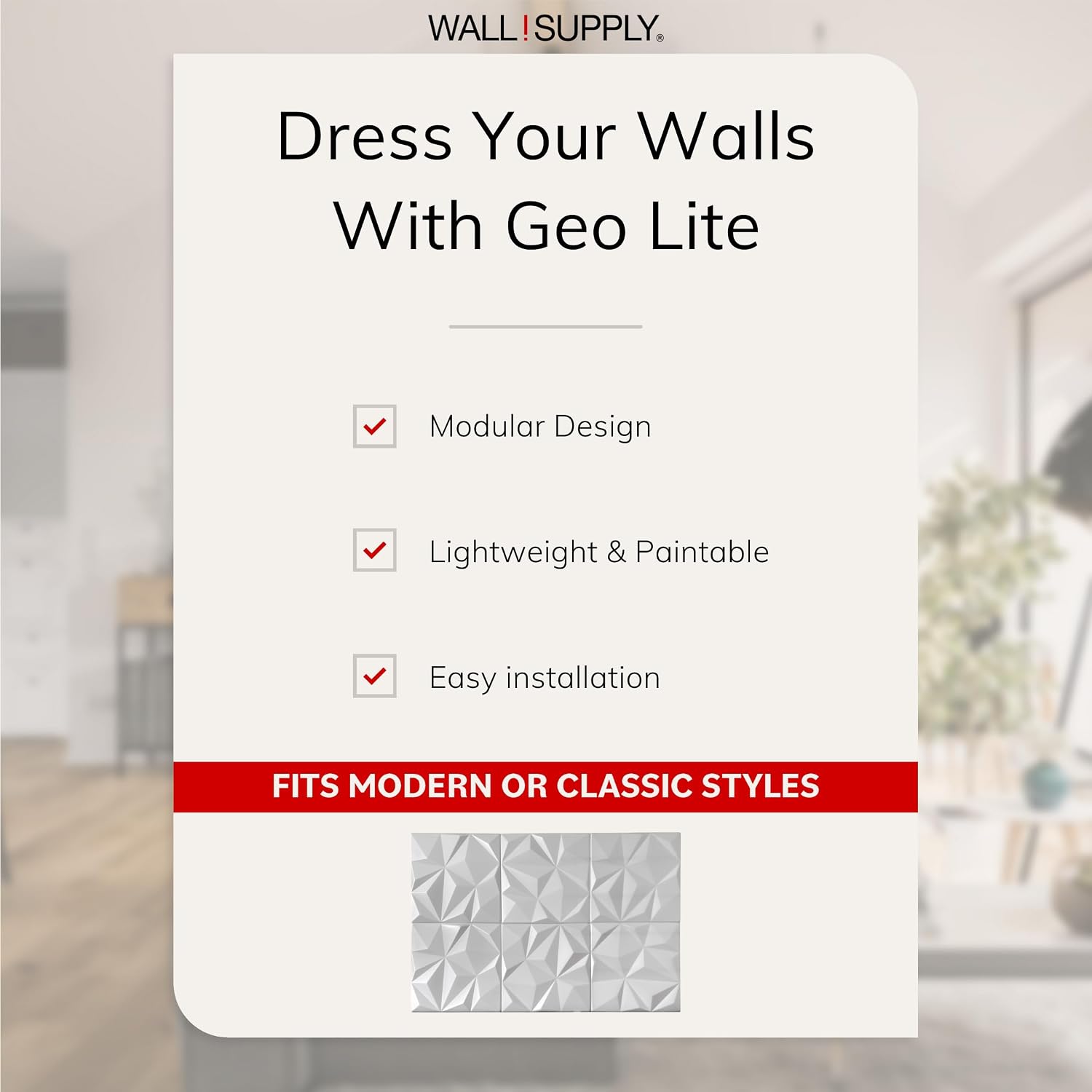 Wall!Supply - 3D Wall Panels – Geo Lite White Wall Covering - Lightweight Extruded Polystyrene Foam Wallpaper Alternative - Easy DIY Installation - 12-Pack