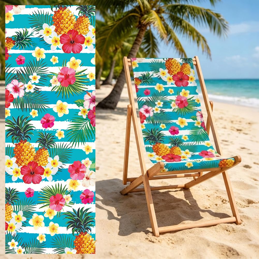 PRESSINART Beach Sling Chair Replacement 47 x 17 Inch Lounge Chair Replacement Canvas Pineapple Hibiscus Pattern Patio Sling Fabric for Indoor Outdoor Garden Beach Sun Lounger Hotel Pool Courtyard