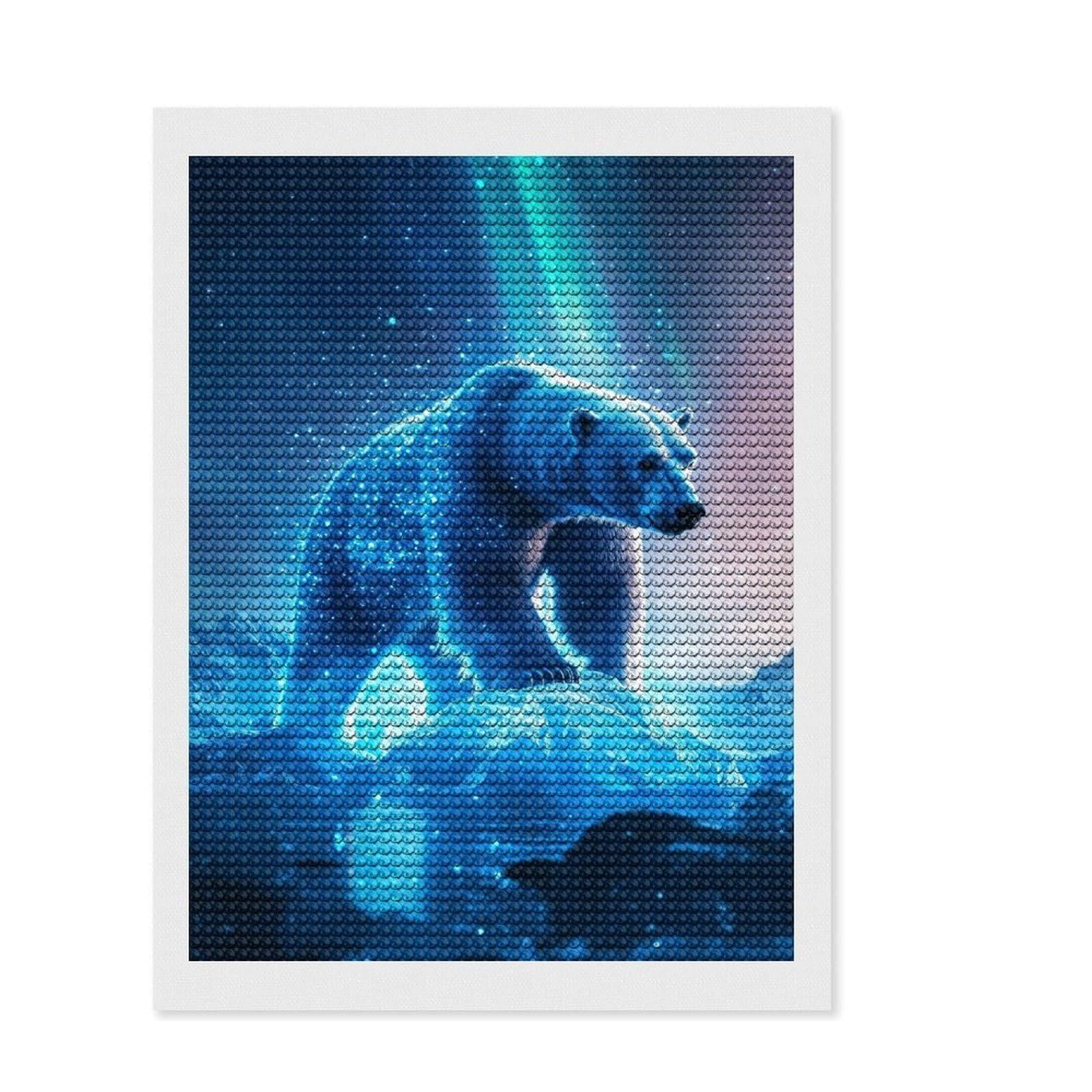 Junmoney Polar Bear in Aurora Borealis Full Drill Diamond Painting Kit 12"x16", Complete Accessories, Neat Printed Canvas, Creative Leisure Activity