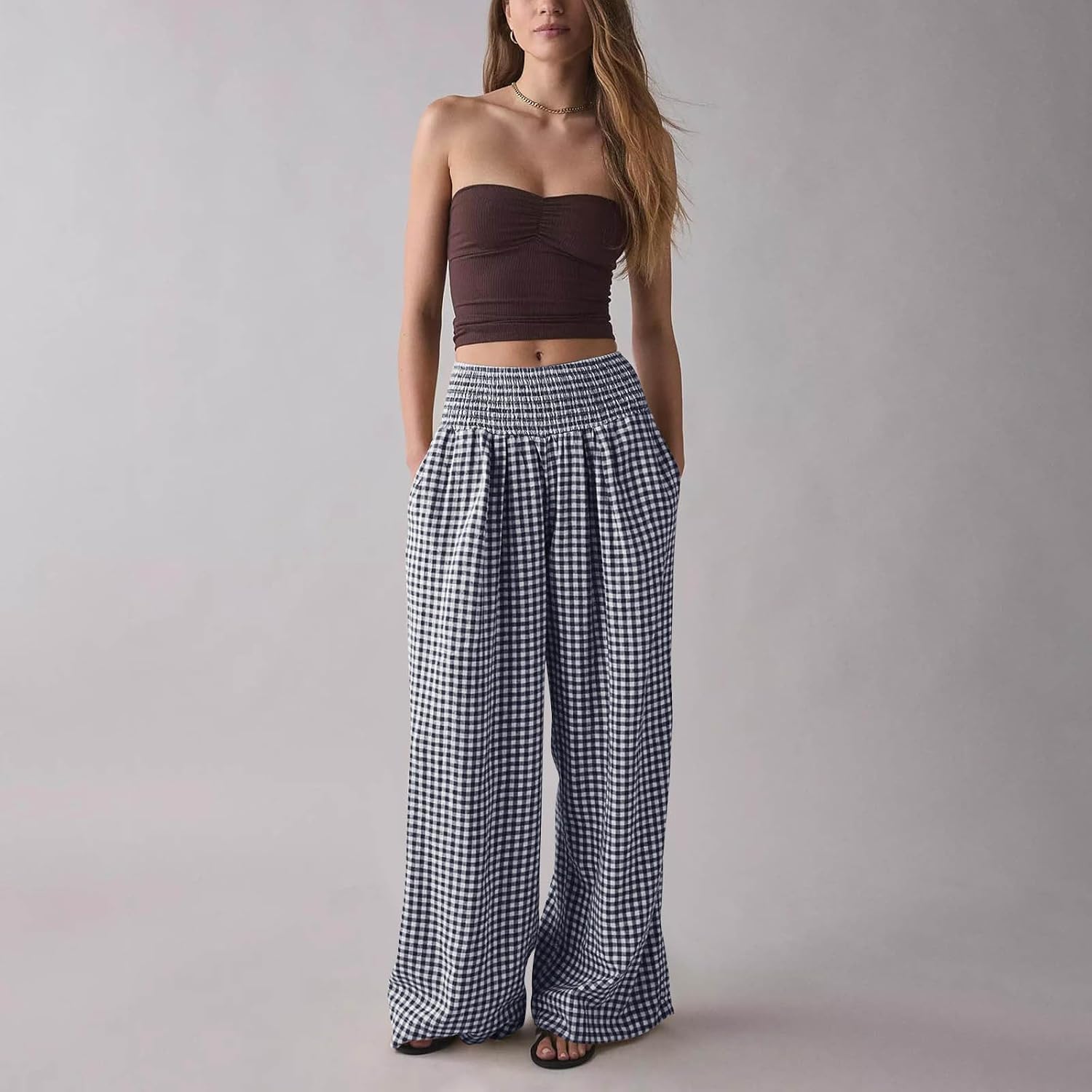 Women Plaid Pant Elastic High Elastic Waist Wide Leg Lounge Pant Loose Fit Summer Fall Classic Trousers with Pocket