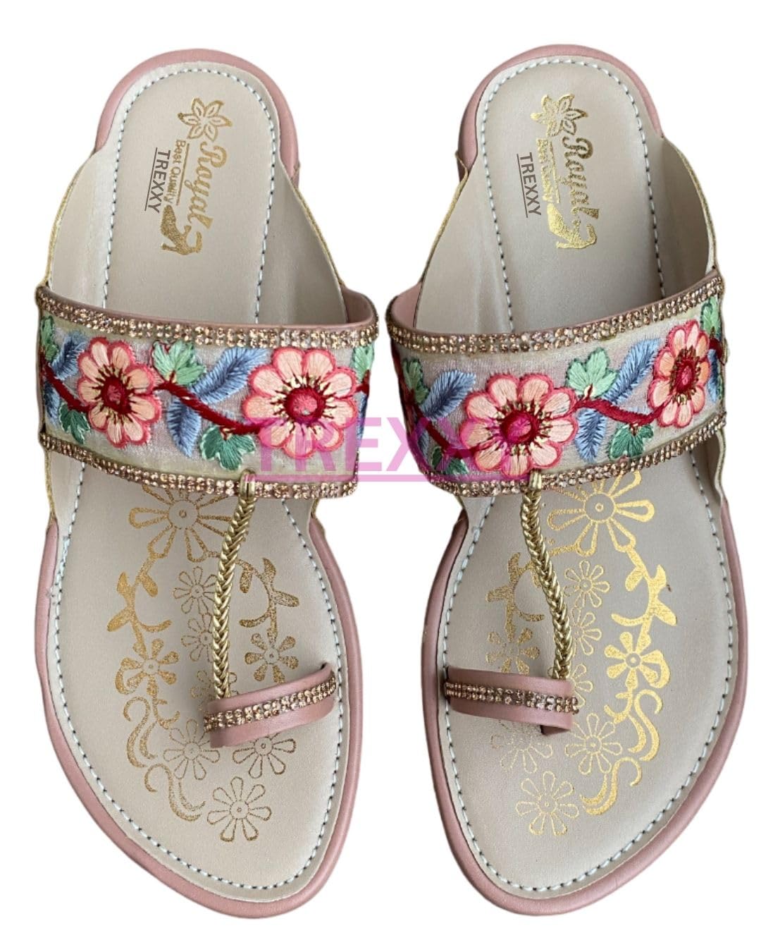 Kolhapuri Embroidered Chappal for Women | Flat Fashion Sandals | Ethnic Slippers for Girls | Ethnic Flat Sandals | Toe-Ring Festive Slippers | Slip On Ethnic Flats Chappal