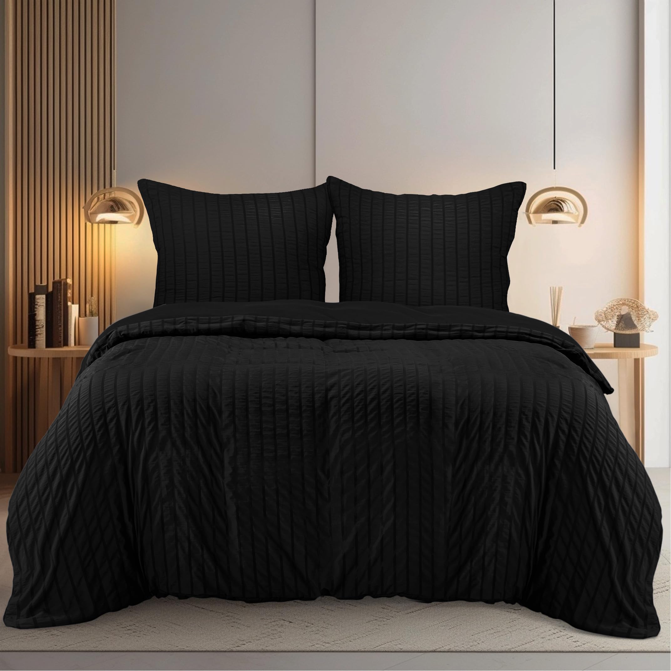 Utopia Bedding Seersucker Duvet Cover Set - Duvet Cover 220X240 with 2 Pillowcases 65x65 cm - Soft Microfibre Polyester Seersucker Bedding (Black)