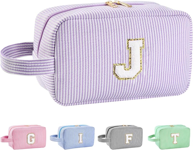 Necessaire de maquiagem Huifen personalizada com inicial J, roxa