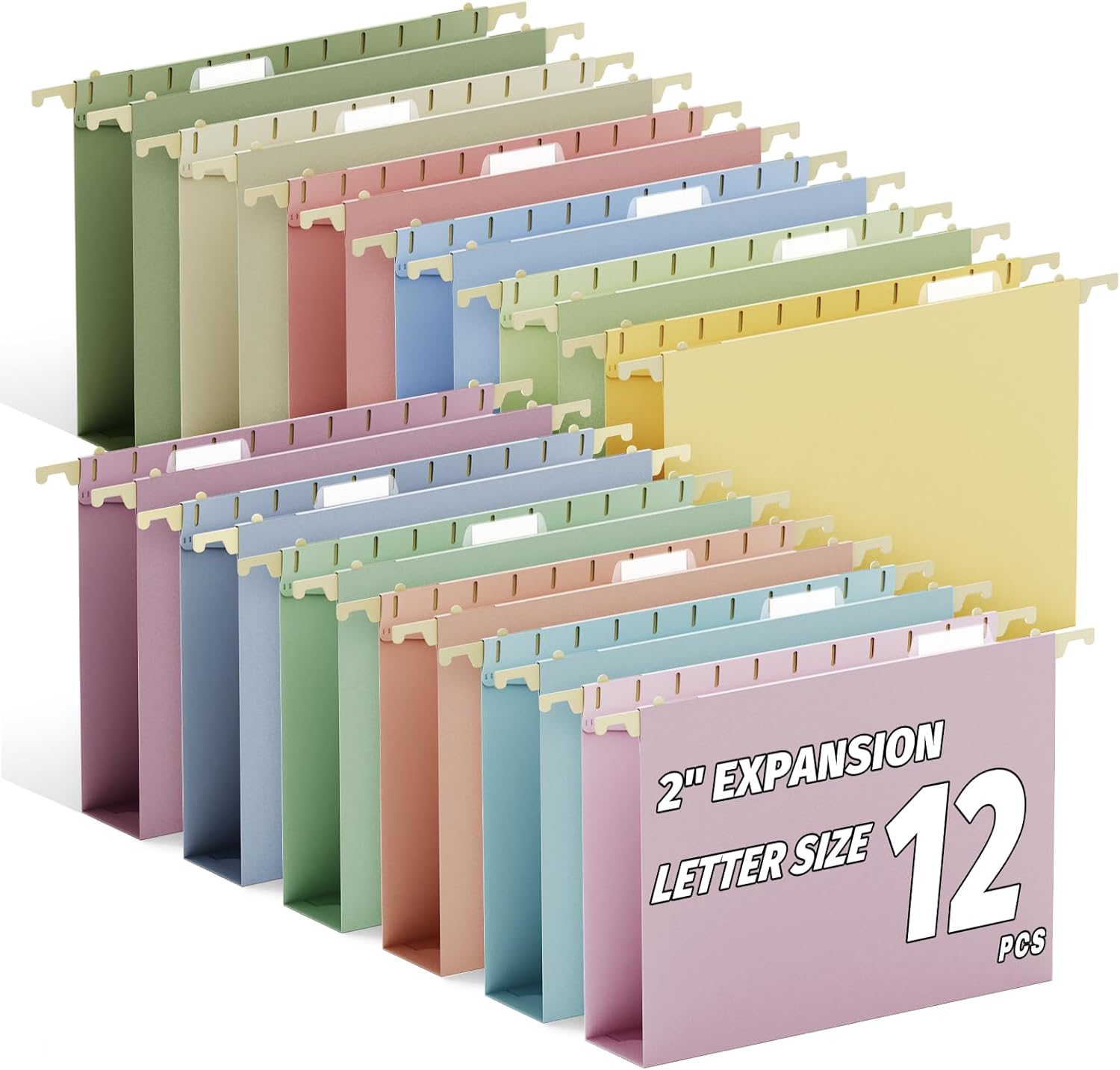 Ansook 12 Pack Plastic Hanging File Folders, 2 Inch Expansion Letter Size File Folders Hanging with Adjustable Tabs, Extra Capaicty Hanging Organizers for Office, Home, School & Filing Cabinet
