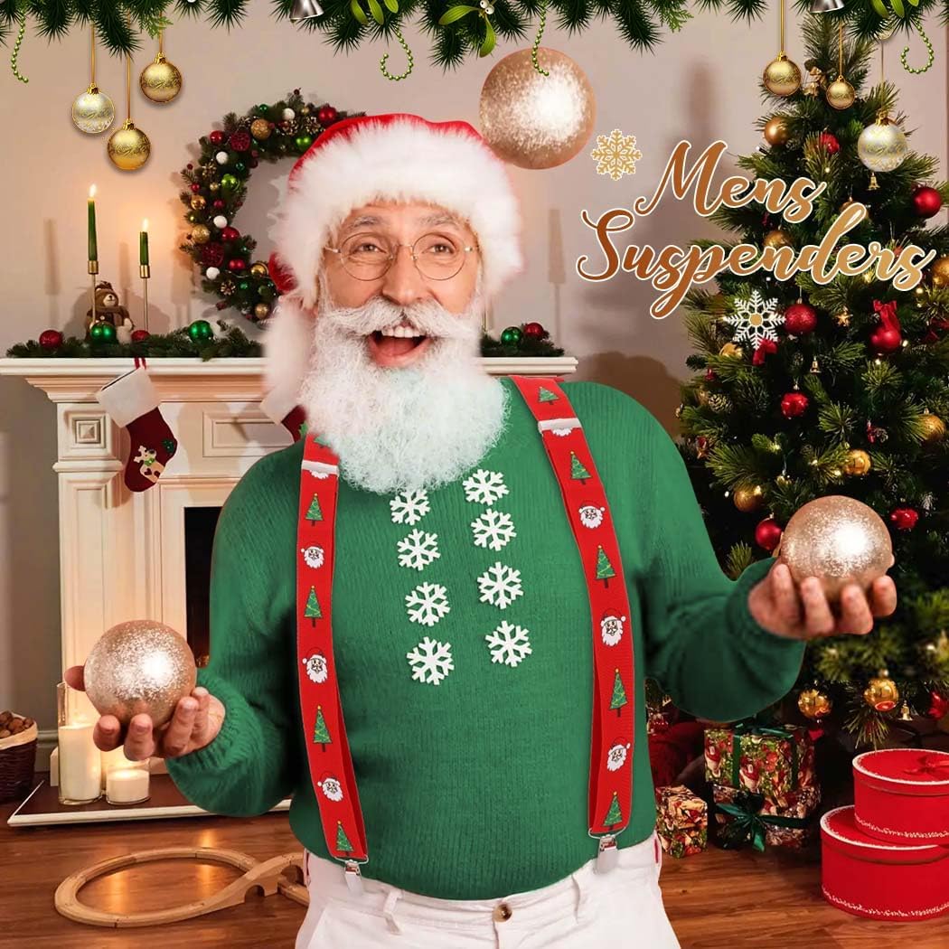 BODIY Red Stanta Suspenders for Men Christmas Tree Suspenders Funny Wide Elstic Y Back with Metal Clips Adjustable Suspender (Red-santa)