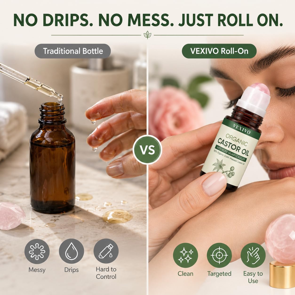 Vexivo Cold Pressed Organic Castor Oil Roll-On, Organic Castor Oil Rose Quartz Roller Ball, 100% Pure, Unscented, Hexane-Free,Amber Glass Bottle for Skin, Brows & Lashes 1.7oz