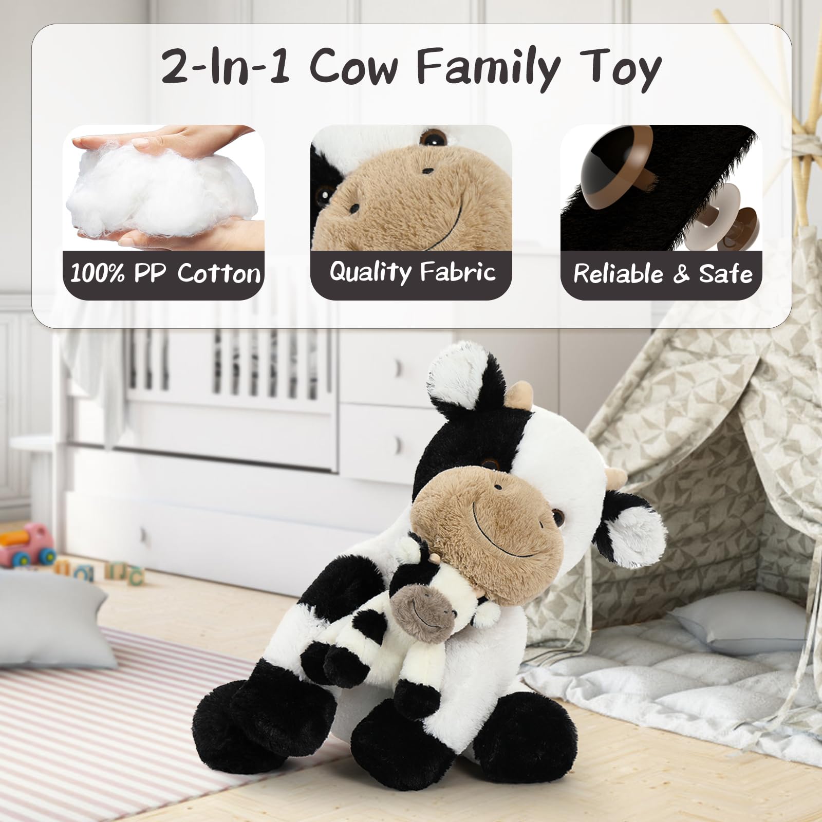 KERTA 2-in-1 Large Cow Stuffed Animals, 20 inch Big Stuffed Mommy Cow with Cute Baby Cow Plush Toy Hugging Soft Plush Pillow for Boys Girls 8