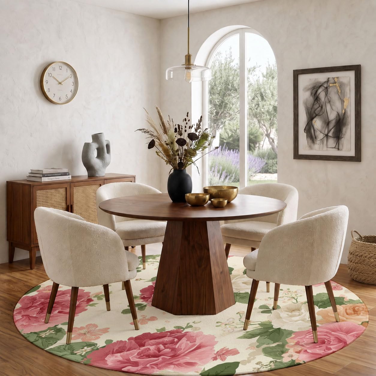 Tapis Rond Imprimé Rose Et Pivoine, Fleurs du Jardintapis Rond De Foyer D'Entrée Lavable Antidérapant pour Salon Chambre Cuisine Balcon Bureau (120Cm, Poudre Blush)