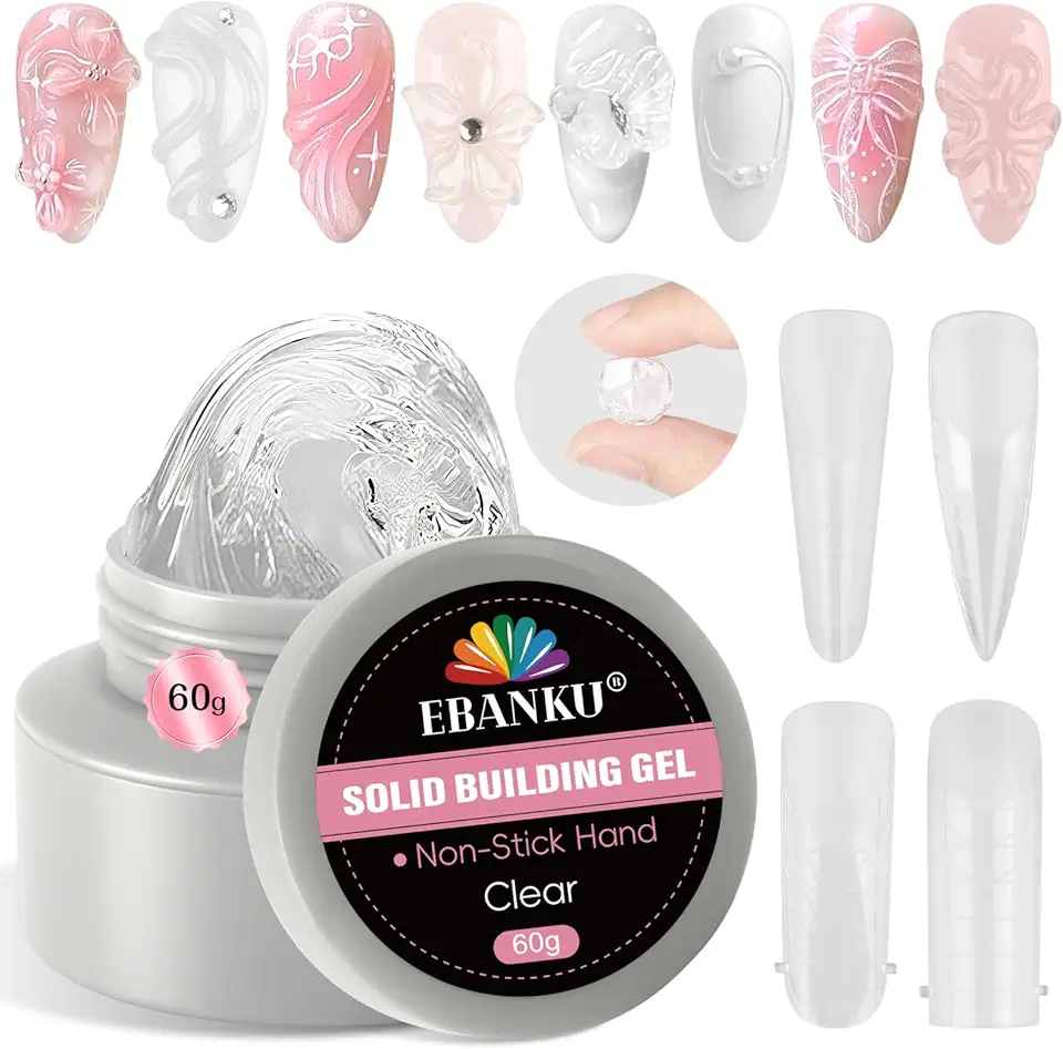 EBANKU Gel Construtor Sólido Para Unhas, 60G, Gel De Escultura Transparente Para Nail Art De Dia Dos Namorados, Não Pegajoso, Com 96 Moldes Para Unhas, Removível Com Uv/Led, Para Manicure Em Salão