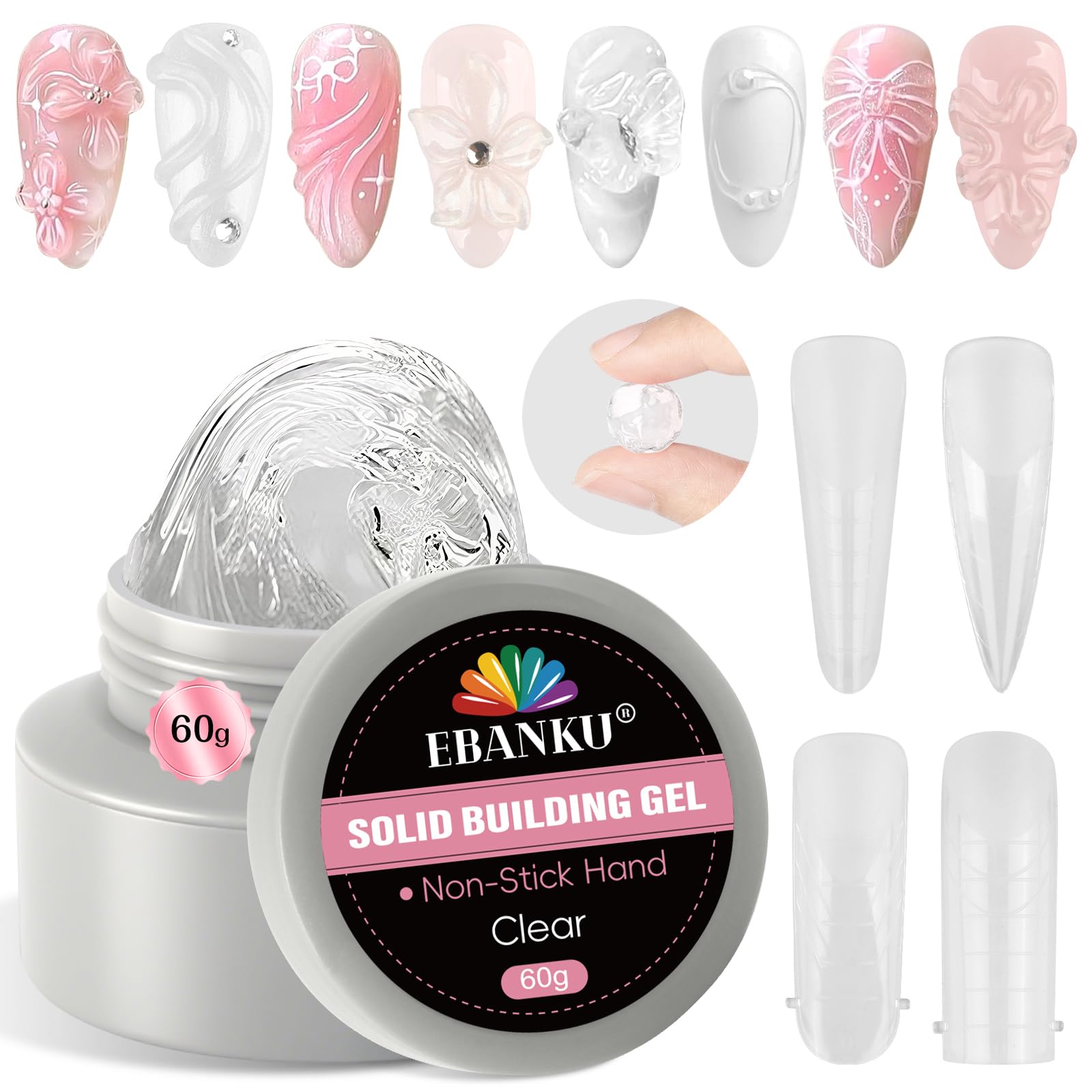 Solid Sculpture Builder Gel, 60g Clear Non-Stick Hand Nail Extension Large Capacity 3D Sculpture Gel for Carving Patterns Decoration with 96Pcs Nail Forms for Nail Art Salon
