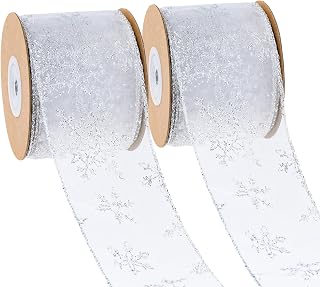2 Rolls 2.5 Inch Silver Christmas Ribbon Snowflake Organza Sheer Glitter Ribbon with Metal Wired for Gift Wrapping Wreath Xmas Tree Wedding Party Crafts (10 Yards/Rolls)