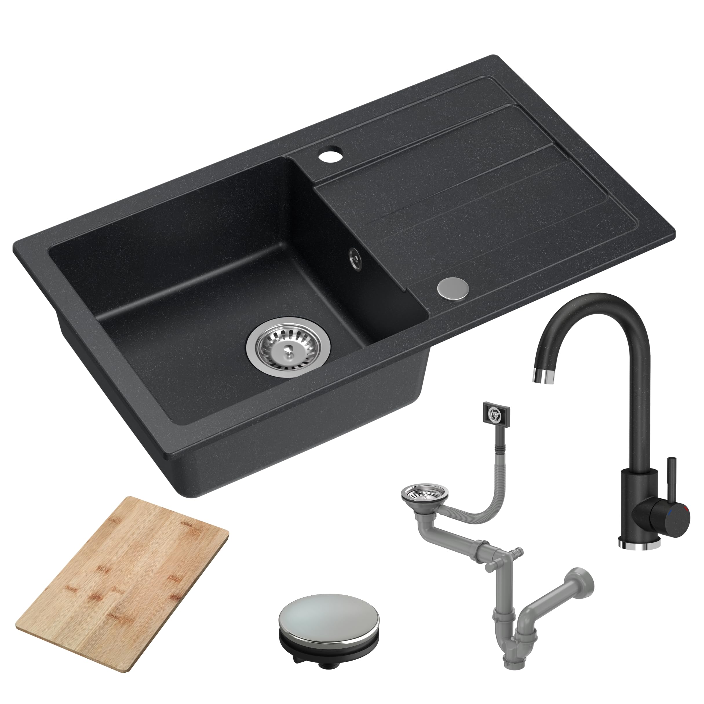 QUADRON Lavello da cucina in granito | dimensioni 77 x 44 x 17,6 cm Nero | Lavello GO MAX in granito Lavello a vasca singola | Lavello da incasso con rubinetto da cucina