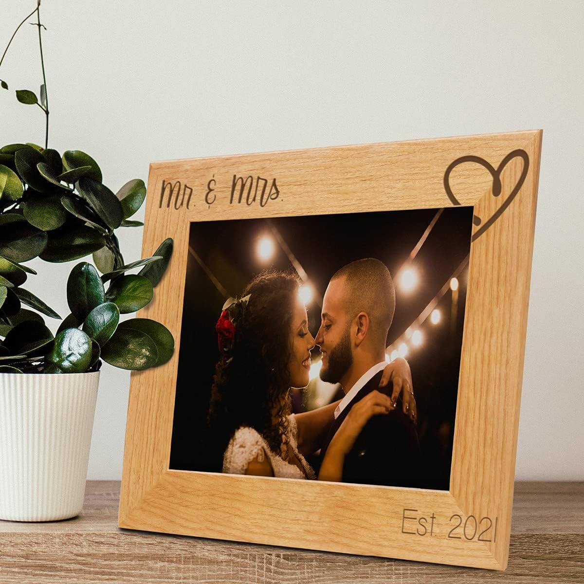 PlaqueMaker Rustic Red Alder Mr & Mrs Established 2021 Wedding Frame - A Great Gift for The Newlyweds for Your Wedding Anniversary or Vow Renewal-Holds a 4x6 or 5x7 Landscape Photo (8 x 10)