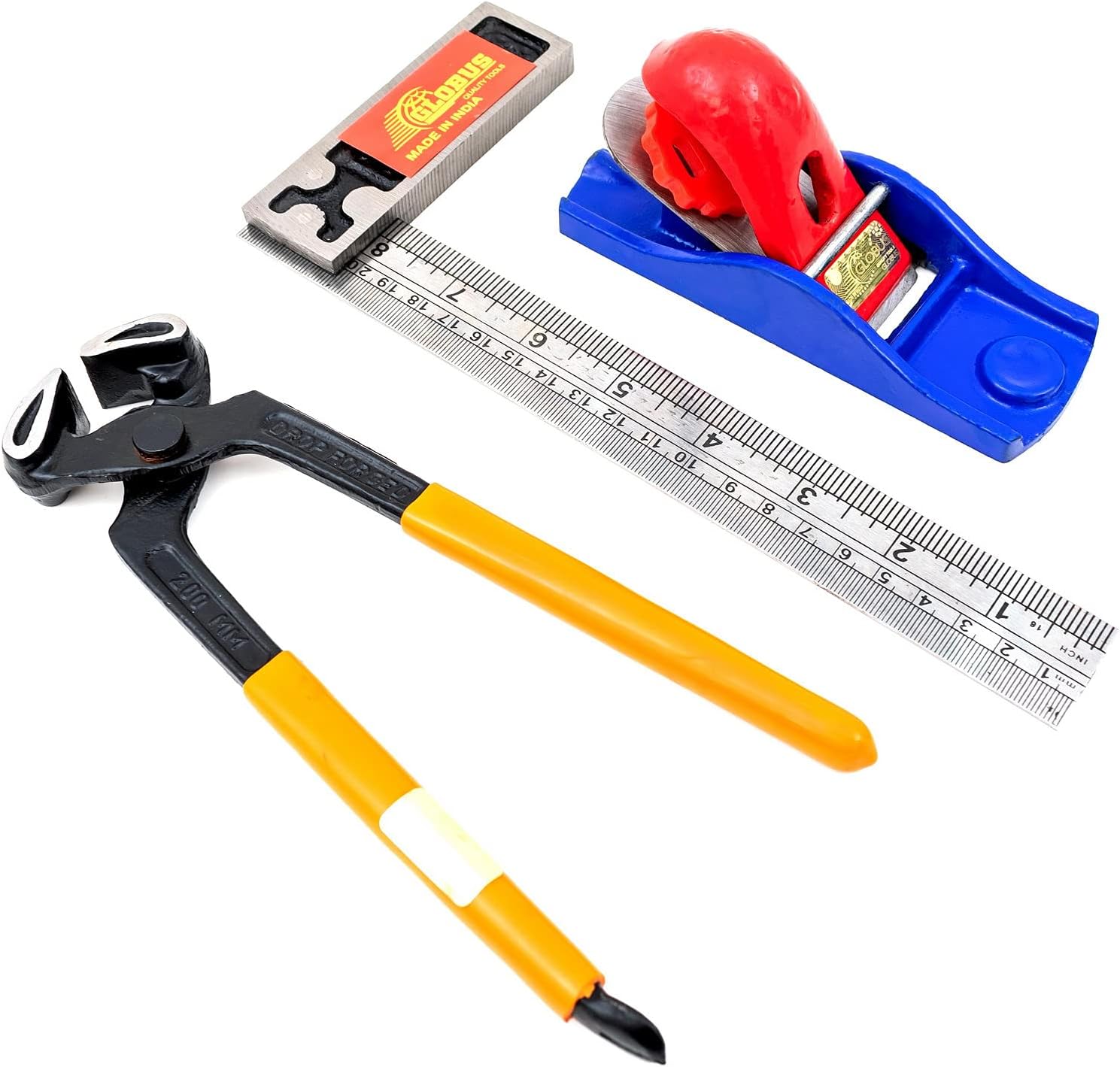 GLOBUS 1486 STEEL CARPENTER PLANE 5.5 INCH WITH MEASURING TOOL TRY SQUARE 8 INCH AND COBBLER PINCER.