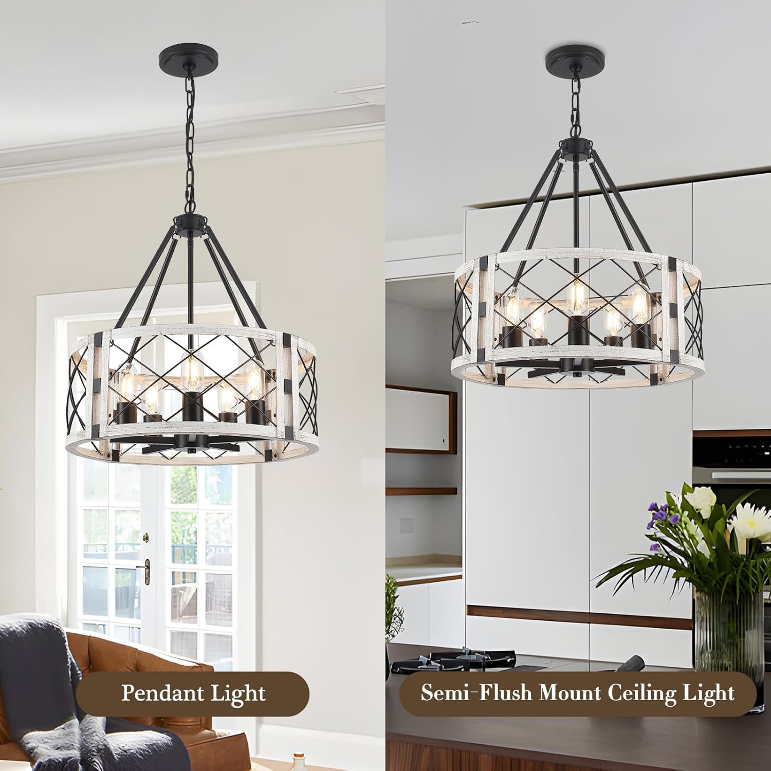 5-Light Farmhouse Chandelier 19.8" White Rustic Chandelier for Dining Room Adjustable Pendant Light Fixture for Kitchen Island Entryway Bedroom Hallway