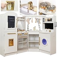 Buoyantkids Large Wooden Corner Play Kitchen with Real Running Water Sink, Ice Maker, Washing Machine, Lights & Sounds - Toddler Gift Ages 3+