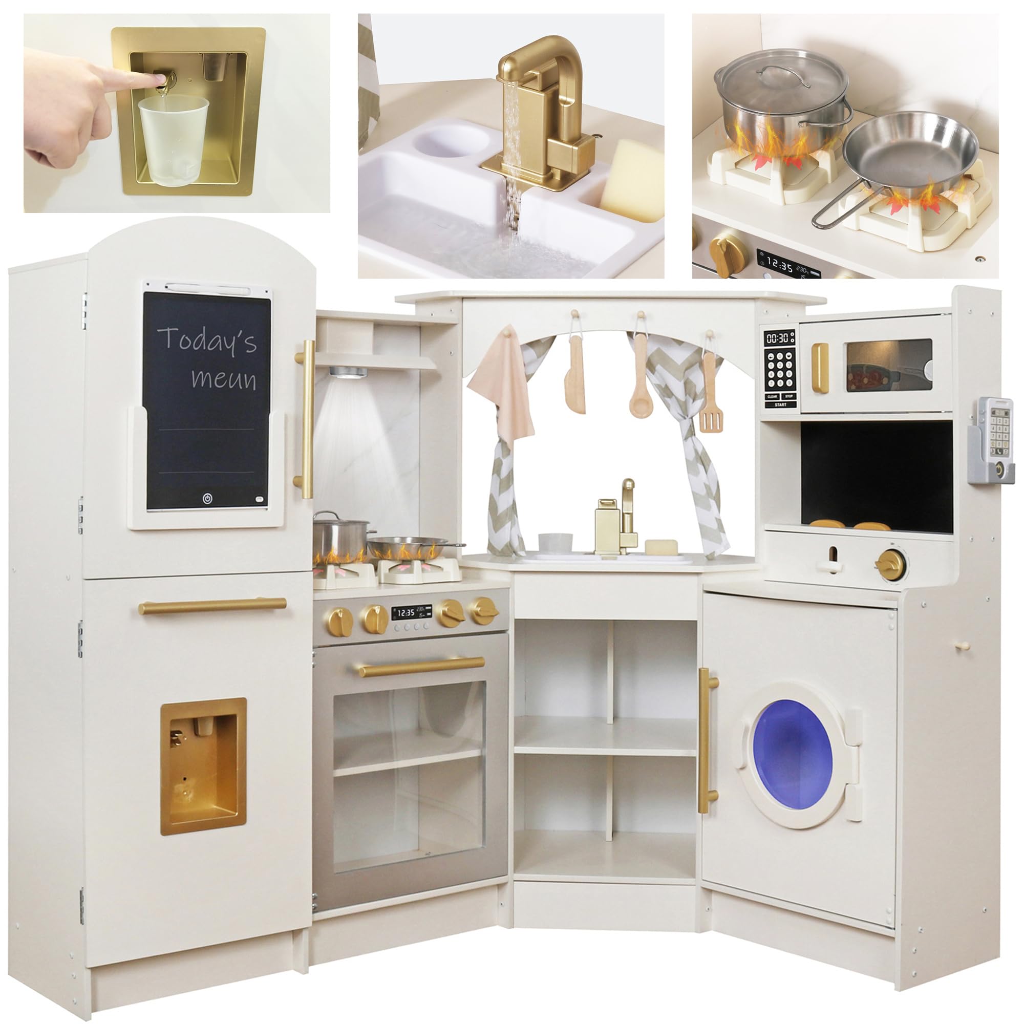 Large Wooden Corner Play Kitchen Sets with Ice Maker,Water Dispenser,Bread Maker,Washing Machine,Electronic Display,Toy Sink with Running Water,Stove with Light&Sounds, Birthday Gift for 3+Boys Girl