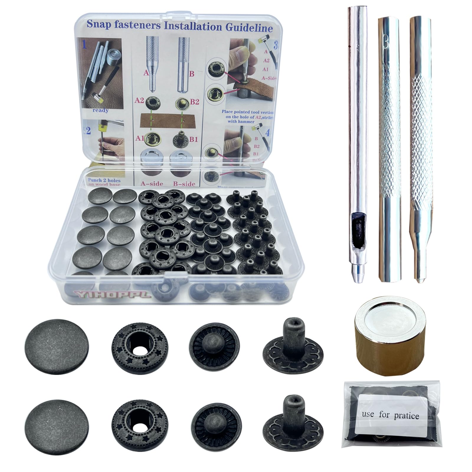 12.5MM/15MM Leather snap Fasteners kit， Brass Metal Button Snaps for Clothes、Jackets、Jeans 、Wears Bags (with Standard Install Tool、Practice Operations Webbing） (15mm Antique Silver, 26)