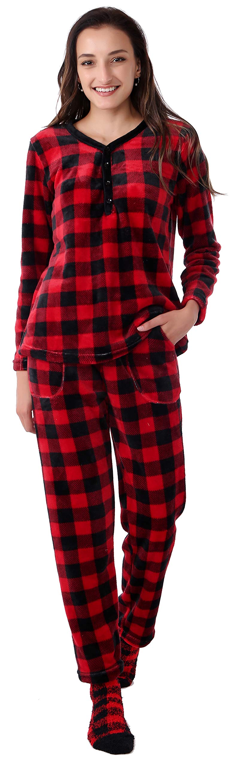 Warm Fleece Pajamas Set Soft Sleepwear Long Sleeve Pjs for Women