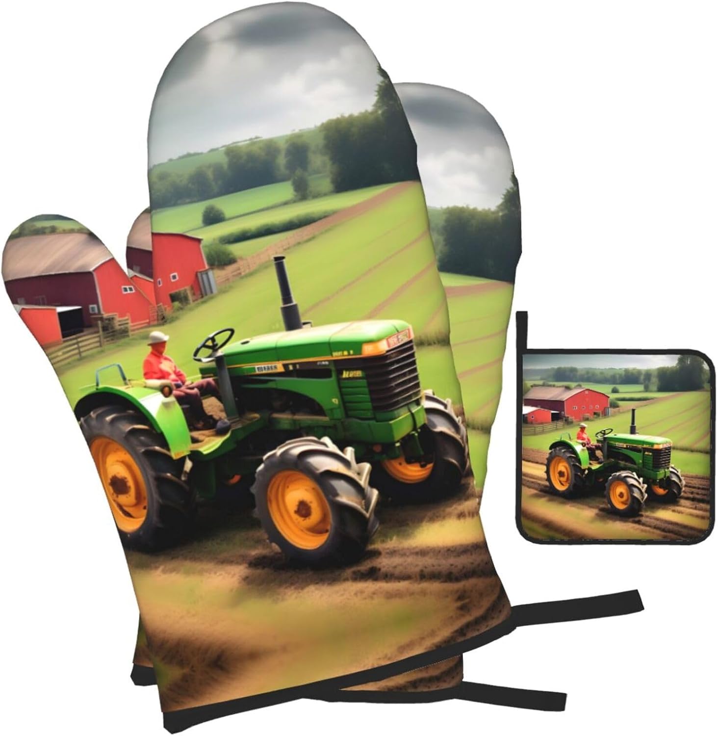 Tractor Farm Pattern Print Heat Resistant Microwave Gloves, Used for Baking, Cooking, and Fashion Kitchen Essentials
