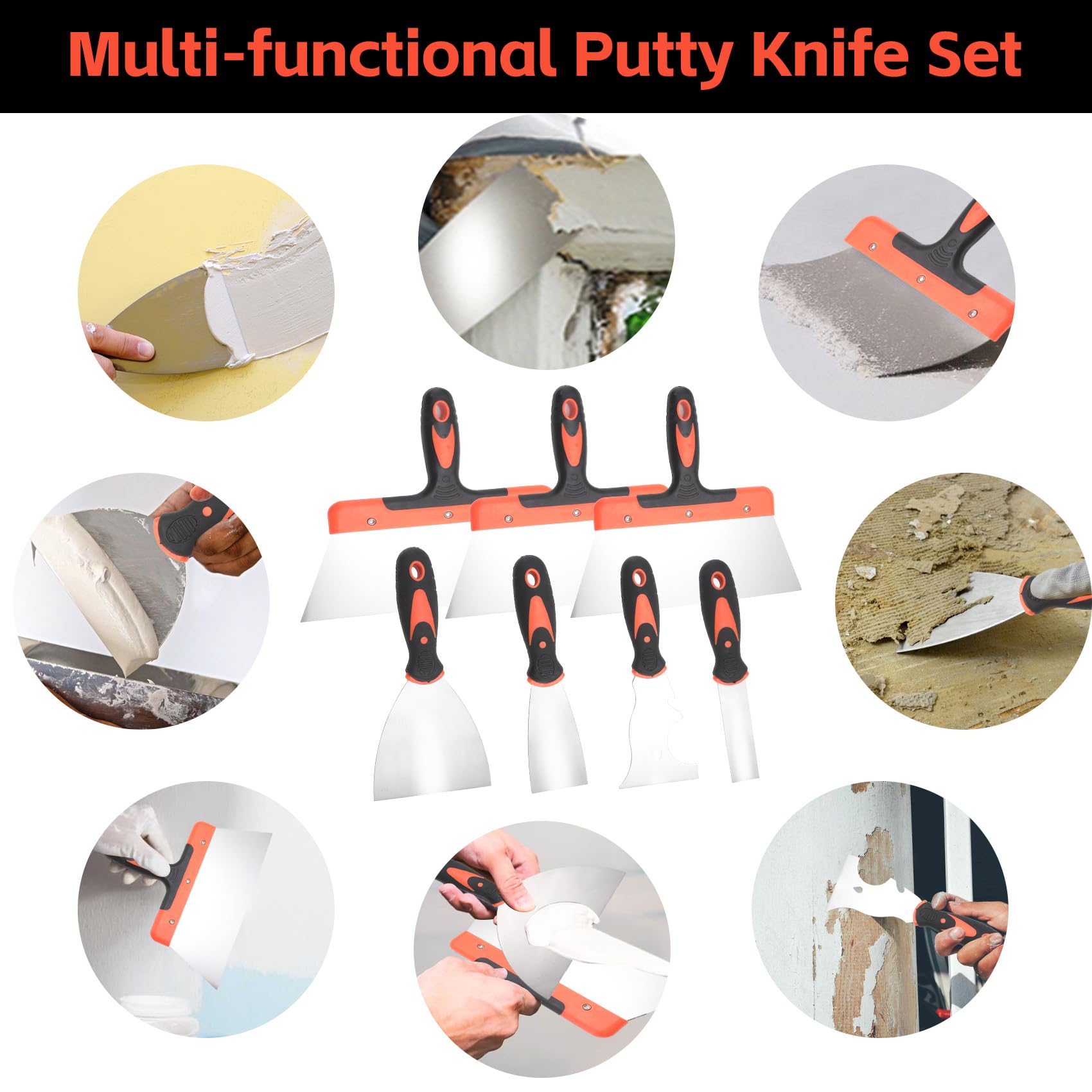 Set di coltelli per cartongesso, 10 pezzi in acciaio inox, kit di utensili manuali per cartongesso, include coltello per stucco, coltello per nastratura, raschietto per pittore e padella per
