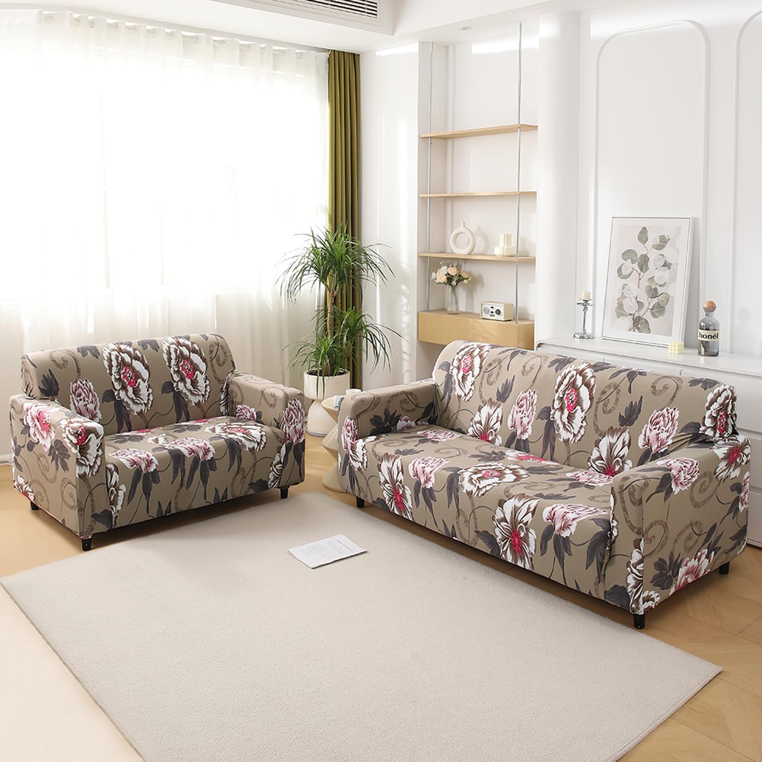 HOKIPO Printed 5 Seater Fully Covered Sofa Cover in 3 Seater and 2 Seater Configuration, Buff Brown Geum (AR-5128-D3 + AR-5129-D3)-image-29