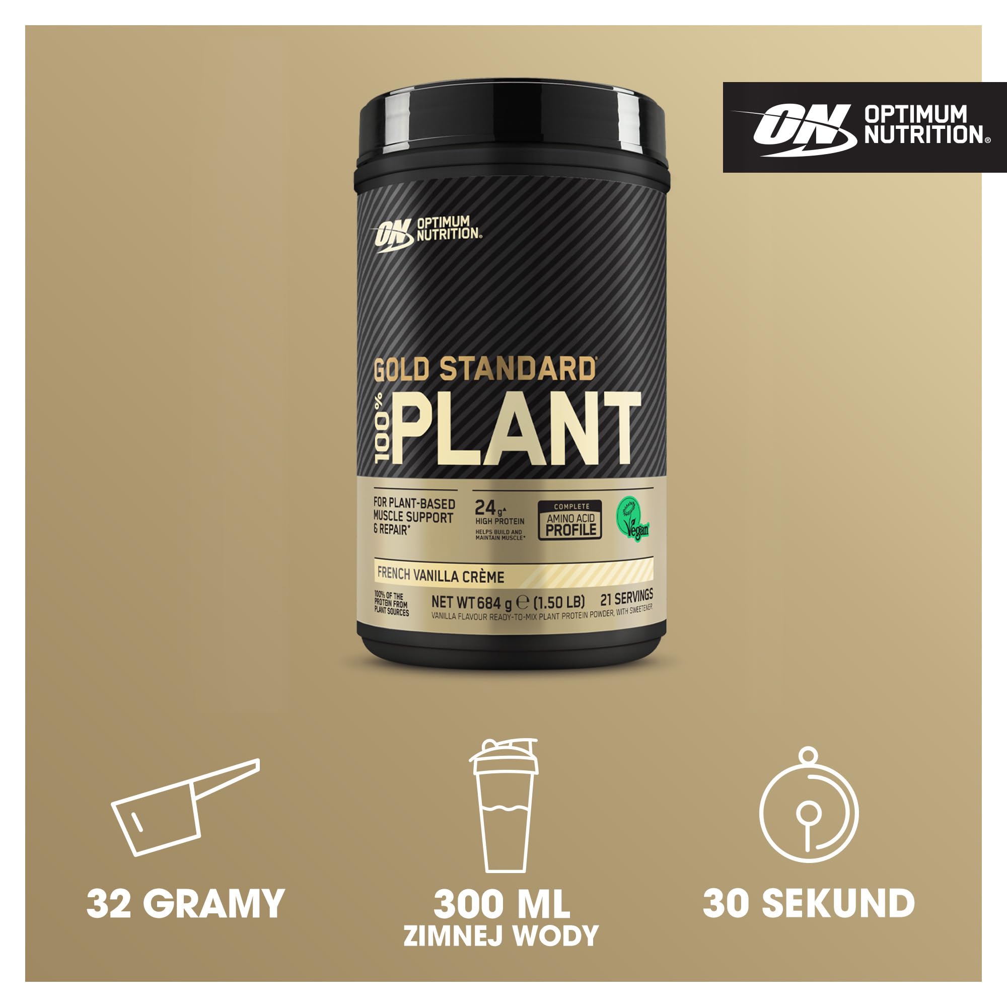 Gold Standard 100% Plant Based Optimum Nutrition – wegańska odżywka białkowa dla mężczyzn i kobiet, do spożycia po treningu lub o dowolnej porze dnia, wanilia, 21 porcji, 684 g
