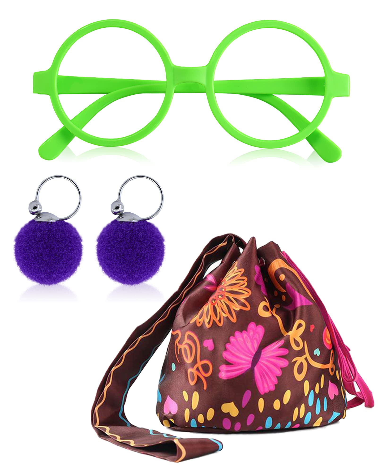Mirabel Glasses Green Round Frame and Mirabel Dress up Bag for Little Girls Clip on Earrings for Girls Birthday Party Supplies Favors Halloween Costume Cosplay Accessories Set1