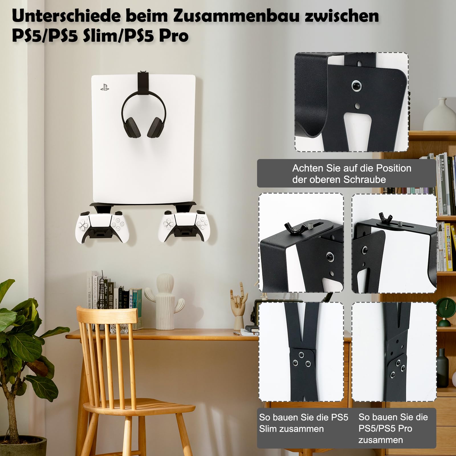 Wandhalterung für PS5/PS5 Slim/PS5 Pro mit Controller-Halterung Wand und Kopfhörer-Halterung, PS5-Zubehör aus massivem Metall – Schwarz