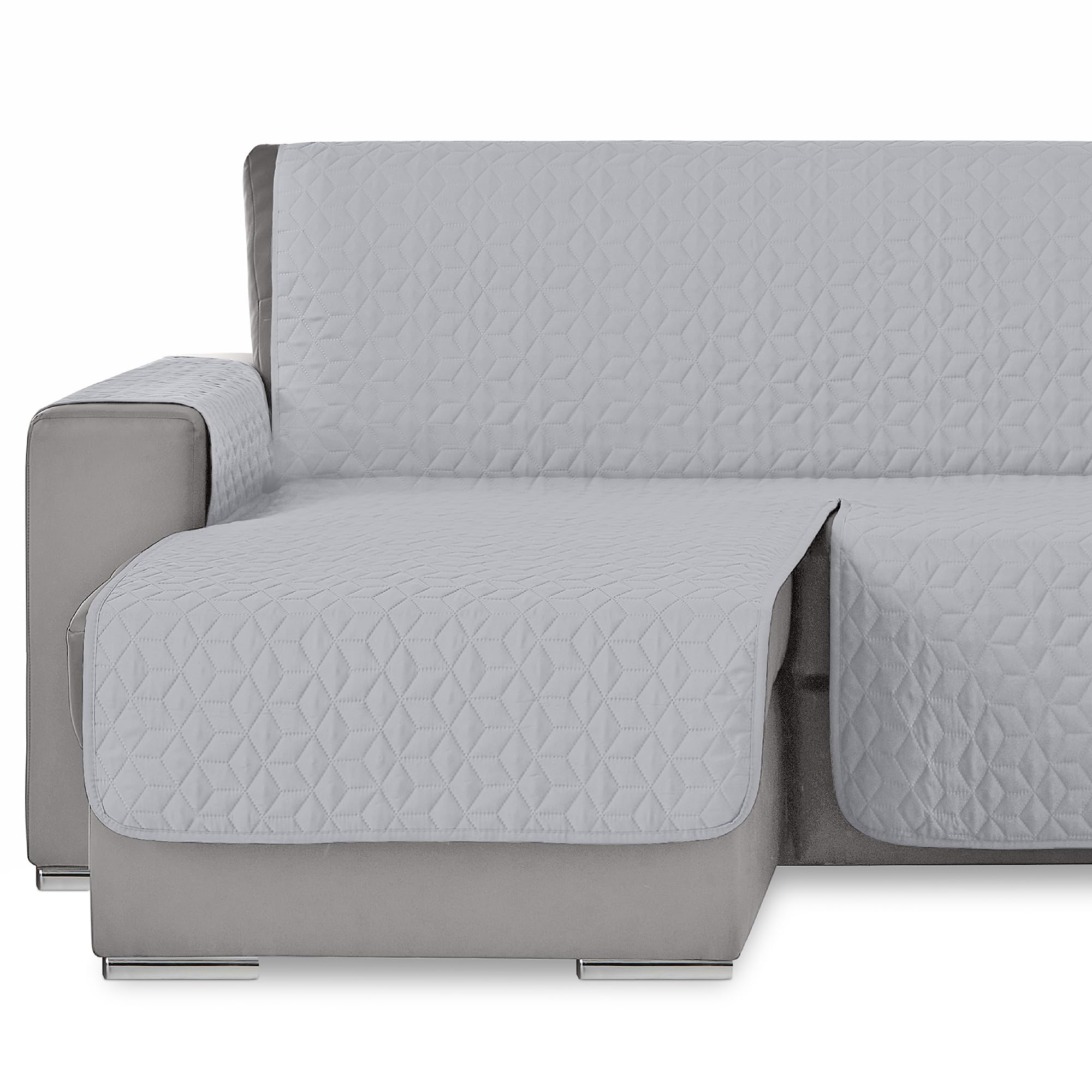 Protector de Sofa Chaise Longue Acolchado. Funda para Sofa. Protector Sofa Cuadros. Salva Sofa Acolchado. Paris. Color Gris Claro. Lado Izquierdo Visto de Frente 240 cm