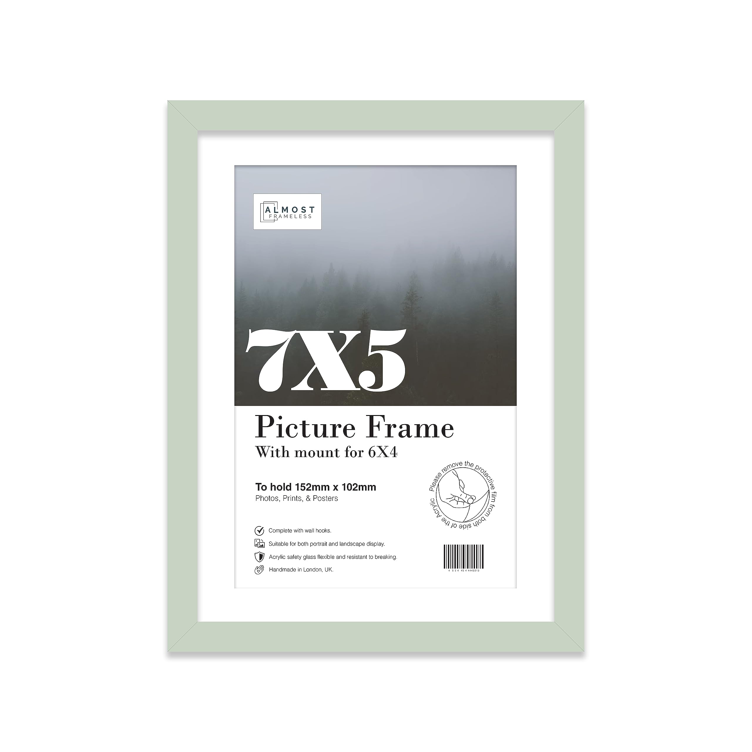 Almost Frameless 7x5 Mint Picture Frame With Mount for 6x4 Print, Poster or Photo Poster, Photo, Artwork, or Print. Thin Edge Slim Frame Portrait and Landscape Display with Wall Hooks