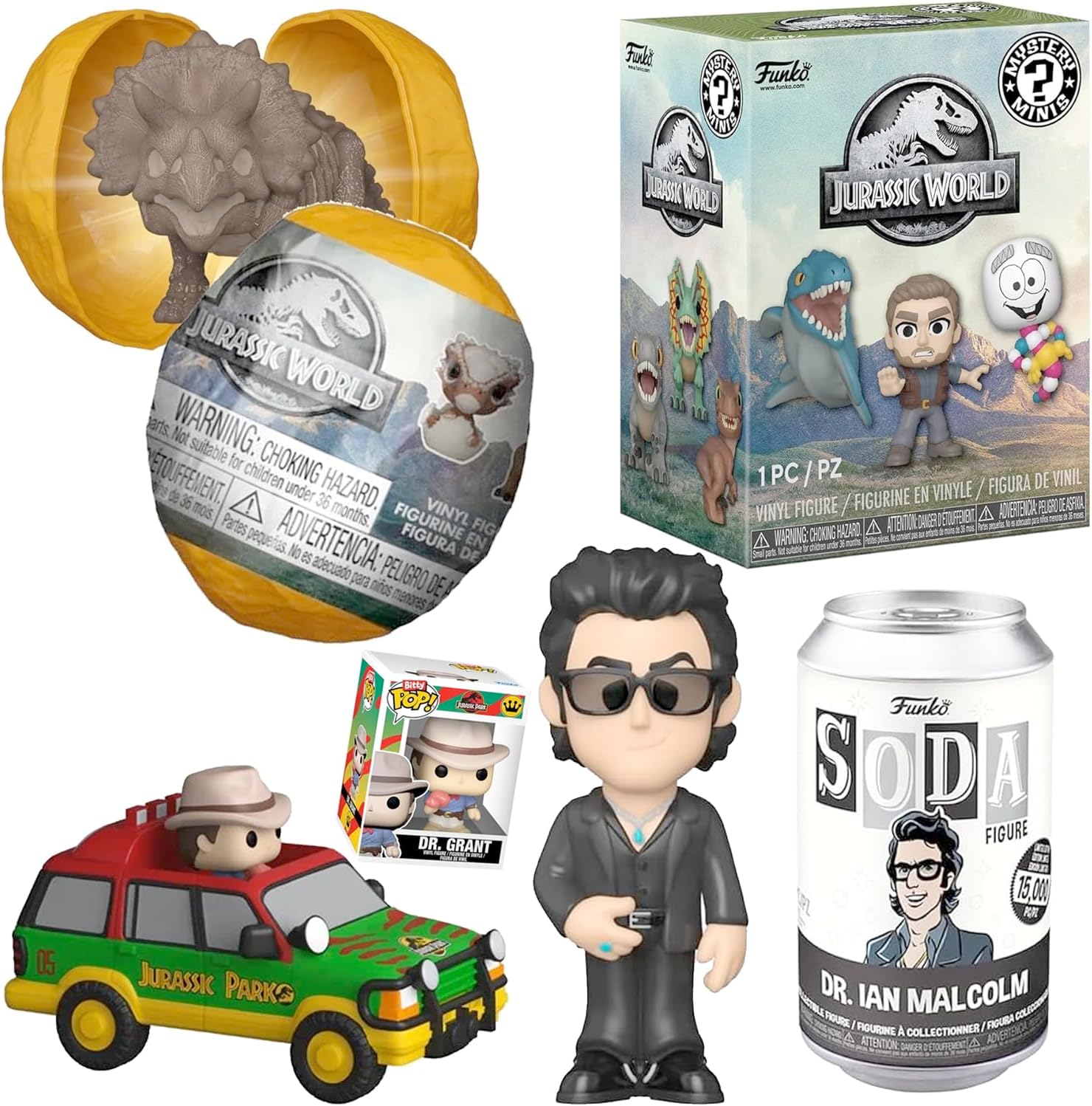 Park Jurassic Dinosaur Figure Mini World Pop T-Rex Dino Jungle Creature Amber Box Pocket + Adventure Blind Action + Dr. Ian Malcolm Soda Bitty SUV Grant Character