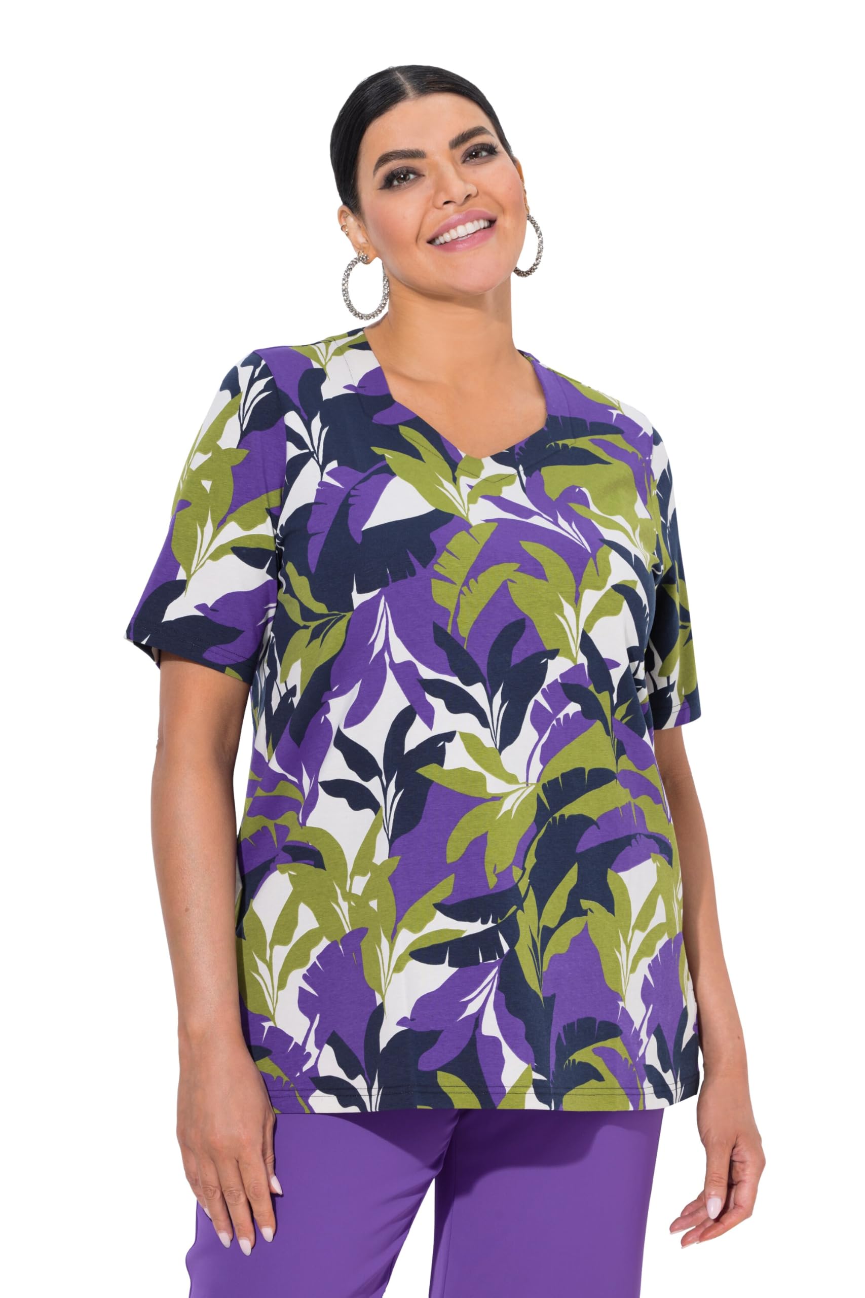 Ulla Popken Damen große Größen Übergrößen Plus Size T-Shirt, Blätter, A-Linie, Herzausschnitt, Halbarm 841056