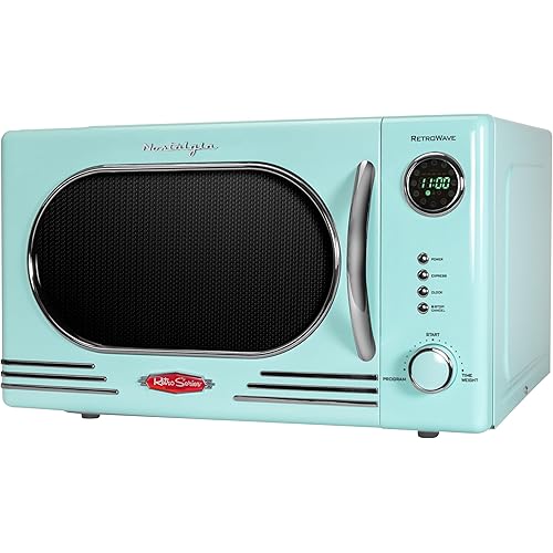 Nostalgia NRMO11AQ6A 1000 Watt Power Retro Countertop Microwave Oven Easy to Clean with Removable Glass Turntable-Child Safety Lock-12 Programs-Digital Clock, 1.1 Cu Ft, Aqua