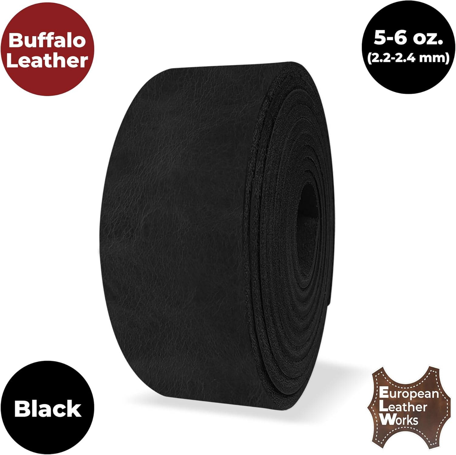 ELW Buffalo Hide Leather Strap 5-6 oz |1.5 Inch x 60 Inch|Color Black Leather Strips for Crafts, Leather Bag Straps, Leather for Belt Making, Leather Crafting, Blank Leather, Tooling Leather Roll