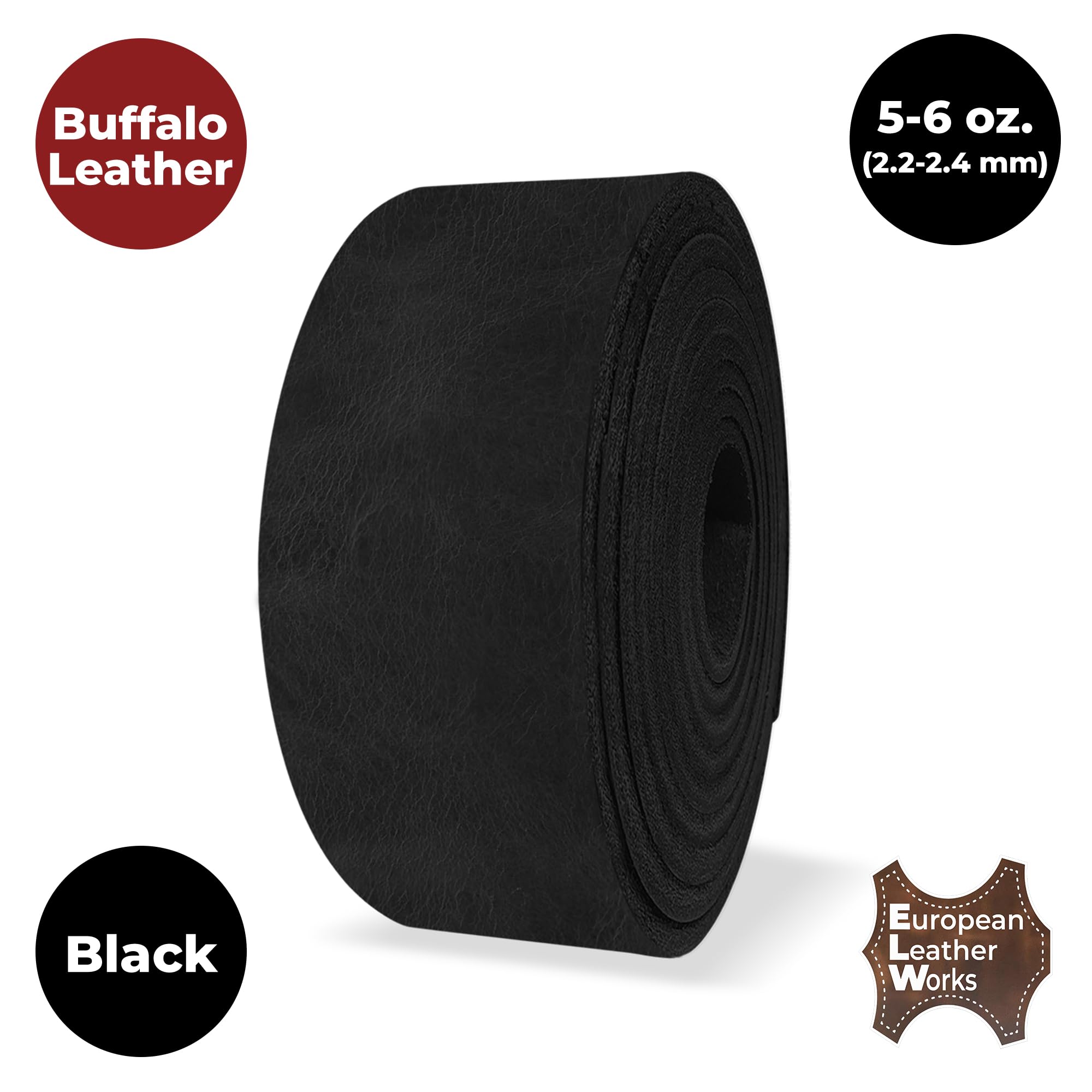 ELW Buffalo Hide Leather Strap 5-6 oz |1.5 Inch x 60 Inch|Color Black Leather Strips for Crafts, Leather Bag Straps, Leather for Belt Making, Leather Crafting, Blank Leather, Tooling Leather Roll