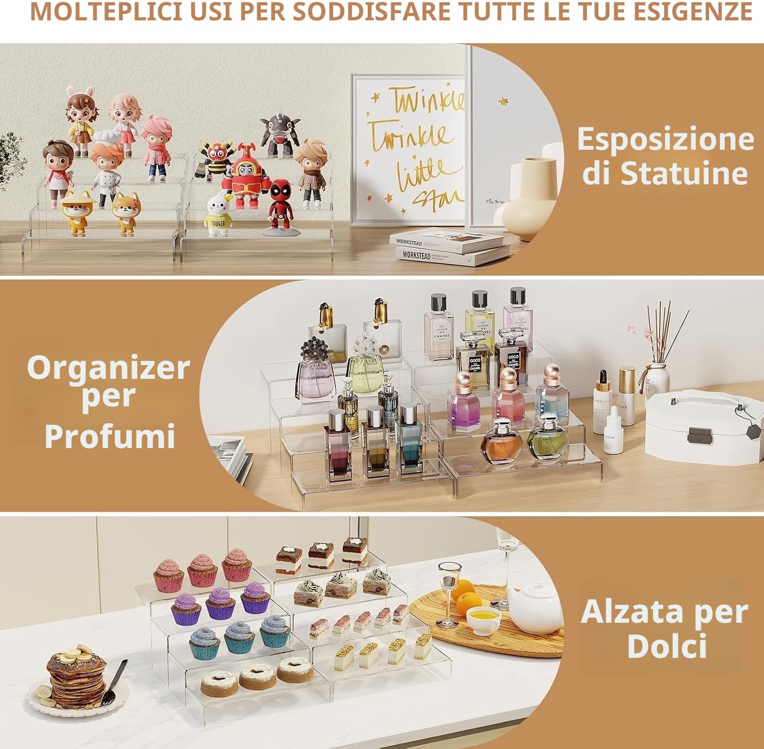 KAHEIGN 8 Pezzi Alzate Grandi in Acrilico, 2 Sets 4 Ripiani Mensola Trasparente per Espositori Supporto da Tavolo per Profumi Cupcake Figure Dessert Cibo Cosmetici Lozione Crema Gioielli