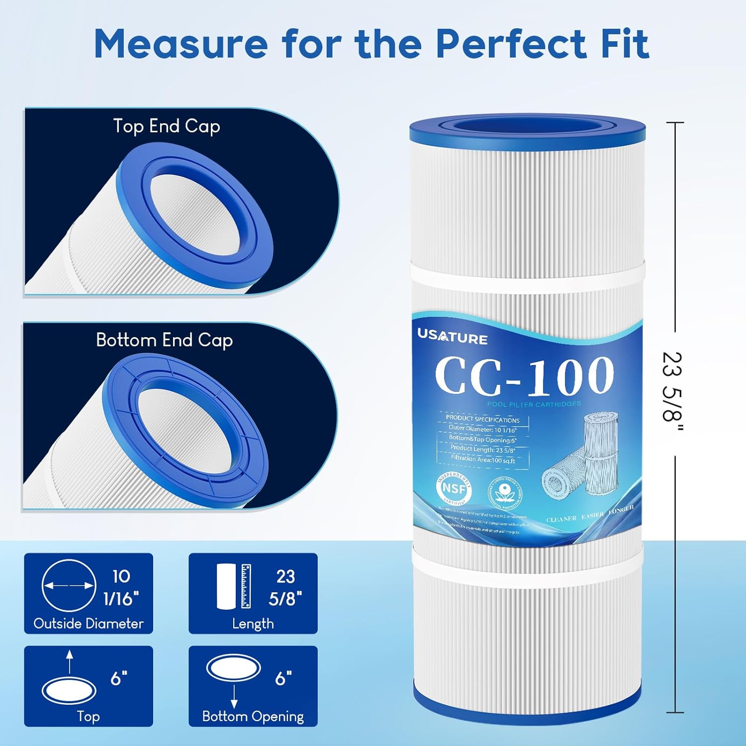 CC100 Pool Filter Cartridge Replacement for Pentair Clean & Clear 100, CC100, R173215, Pleatco PAP100, Unicel C-9410, Filbur FC-0686, 100 sq. ft Cartridge, L x OD: 23-5/8" x 10-1/16"