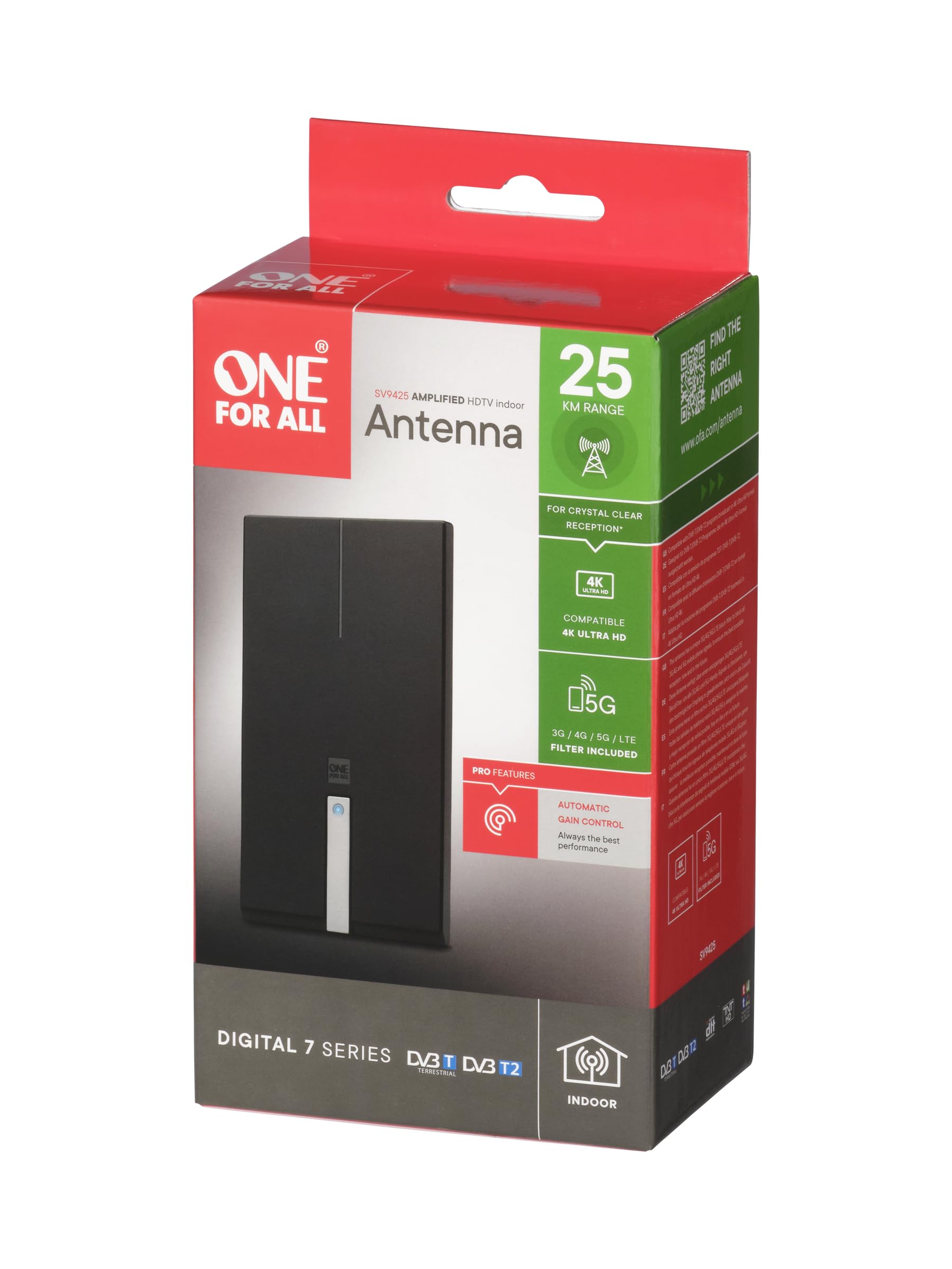 One For All – 3G/4G/5G - Bloque Les signaux – Antenne TV intérieure amplifiée – 4K Ultra HD TV – Control Automatique du Gain – Distance aux émetteurs 0 – 25 km – SV9425-5G