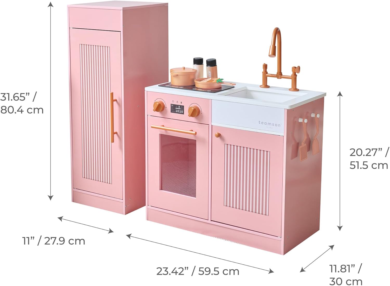 Teamson Kids Little Chef Chester Sleek Design Play Kitchen with Large 12 Pcs Food Accessories, Pretend Play Kitchen Set with Large Fridge & Oven for Kids 3+ Years Old, Peach